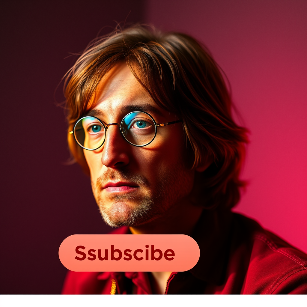 The Subscribe button is on the screen next to a man who looks like John Lennon.