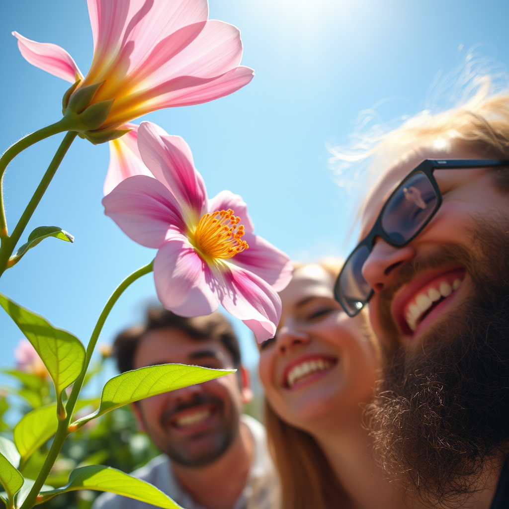 Close-ups of simple pleasures: a blooming flower, a sunny day, laughing friends, against a background with a man who looks like Fyodor Dostoevsky.