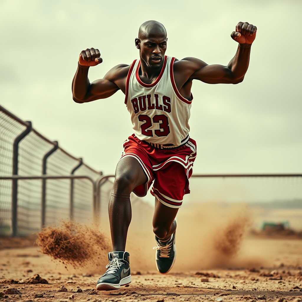 A montage of the Jordan-like figure training hard and overcoming obstacles